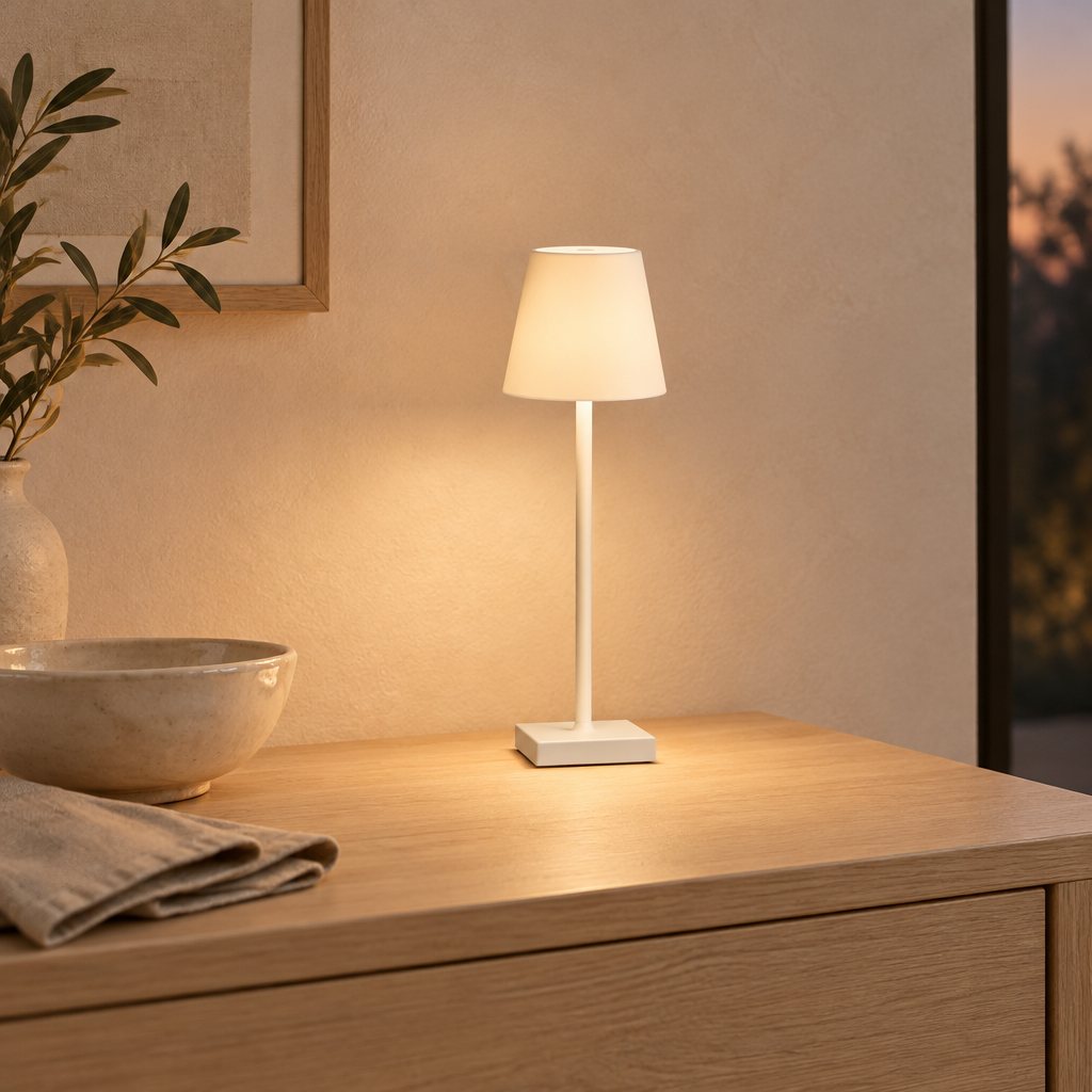 White aluminum cordless table lamp lit on an oak console at dusk