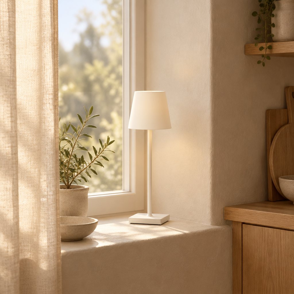 White aluminum cordless table lamp standing on a windowsill with no cable
