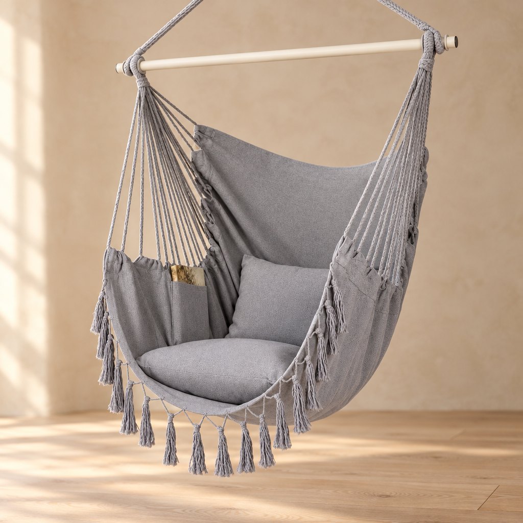 Light Gray canvas hanging chair from an angle showing the depth of the seat and the tassel fringe