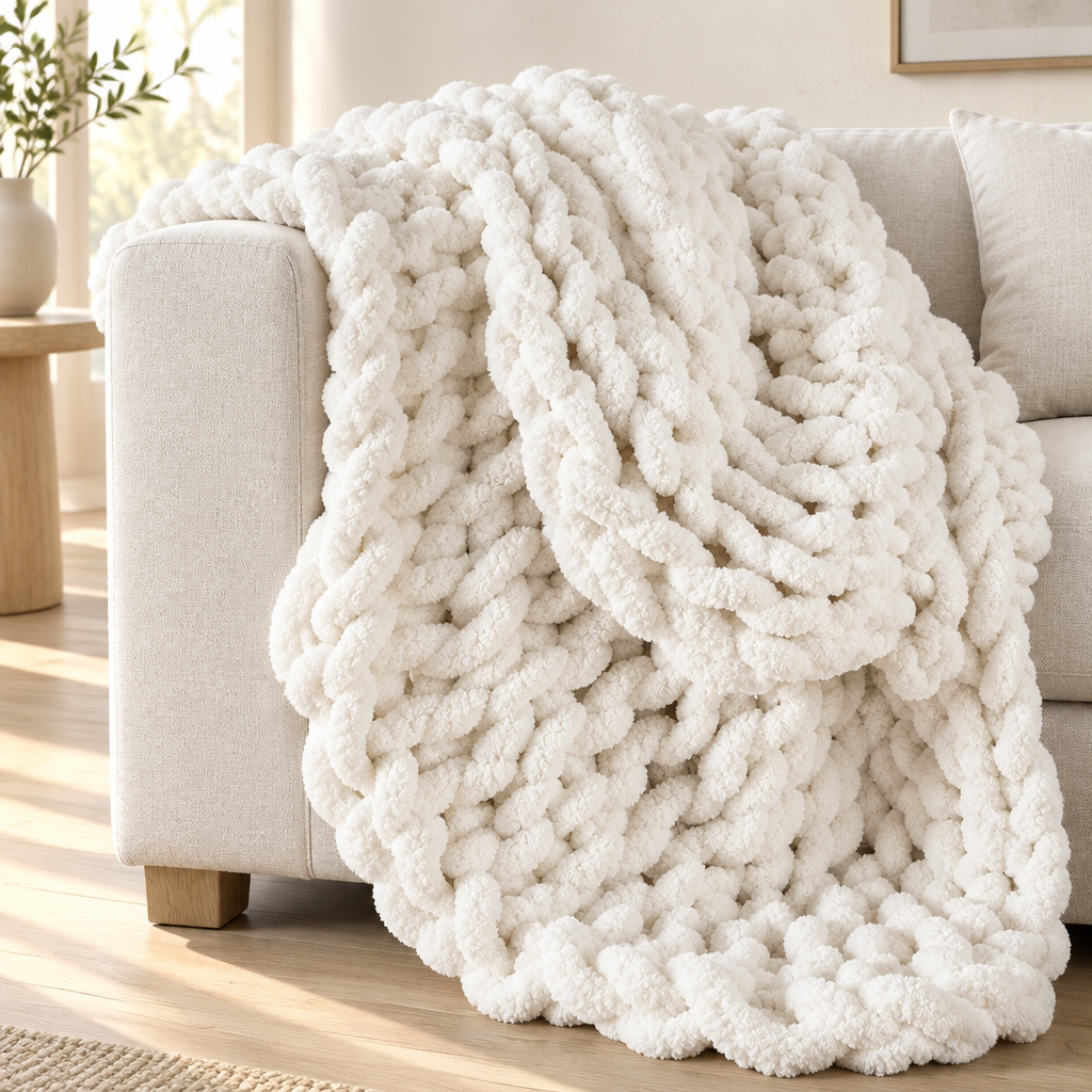 Creamy white chunky knit throw over a linen sofa