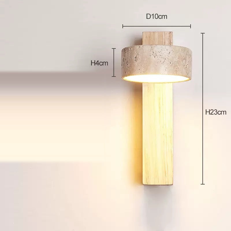 Natural wood wall sconce with a round shade, 23 cm tall, shade 10 cm across