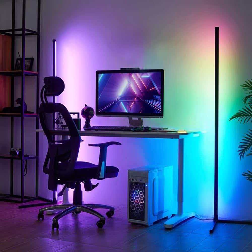 RGB corner floor lamp lighting a desk setup