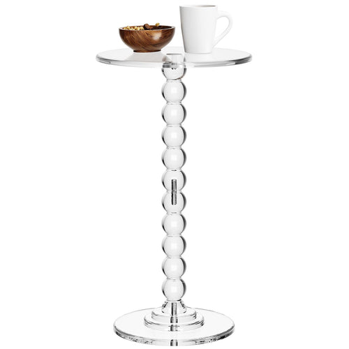 Clear acrylic round pedestal side table with a stacked sphere column