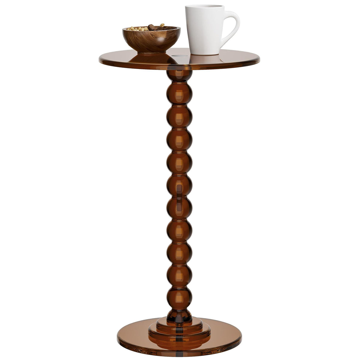 Smoke brown acrylic round pedestal side table with a stacked sphere column