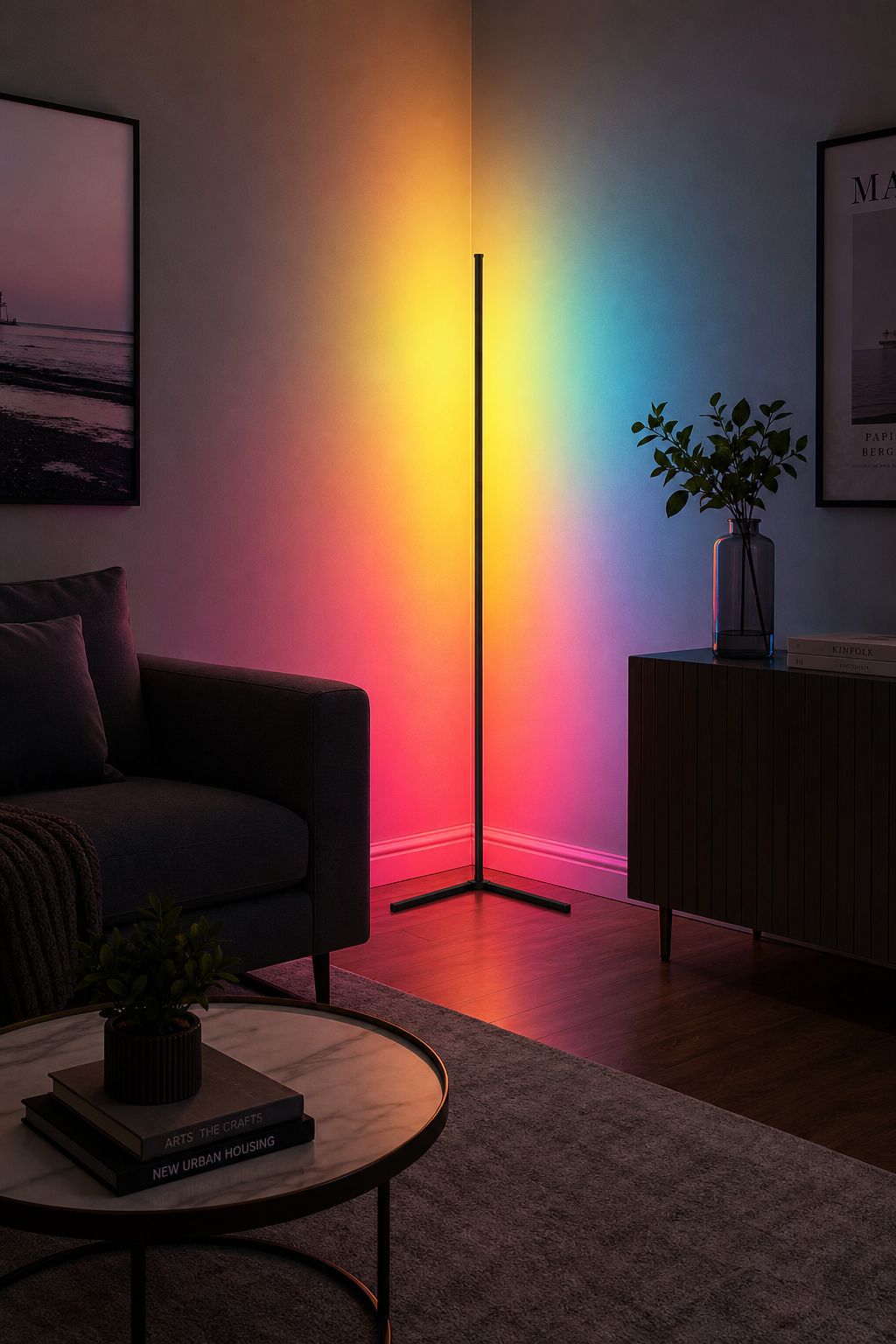 RGB corner floor lamp on its three-legged base, lighting a living room corner beside a sideboard