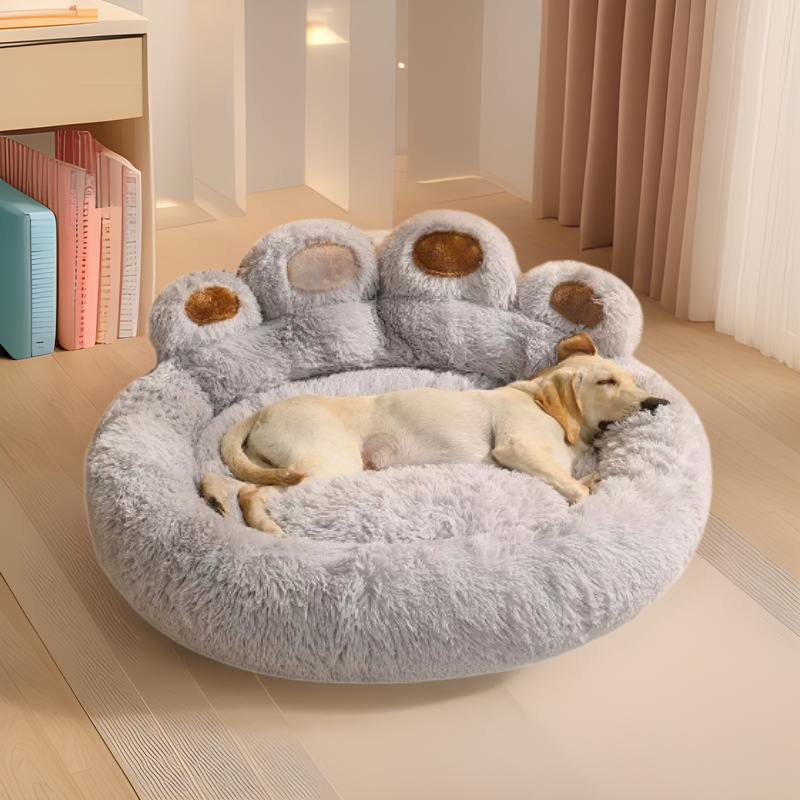 Gray plush paw pet bed in a furnished room