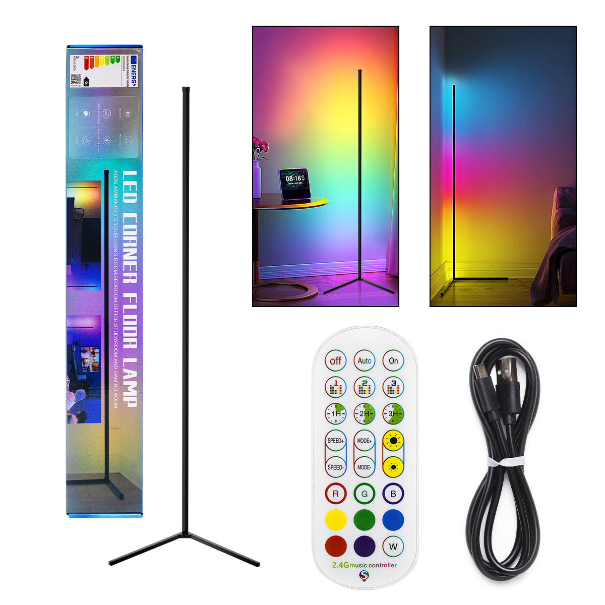 RGB corner floor lamp with its remote control and cable