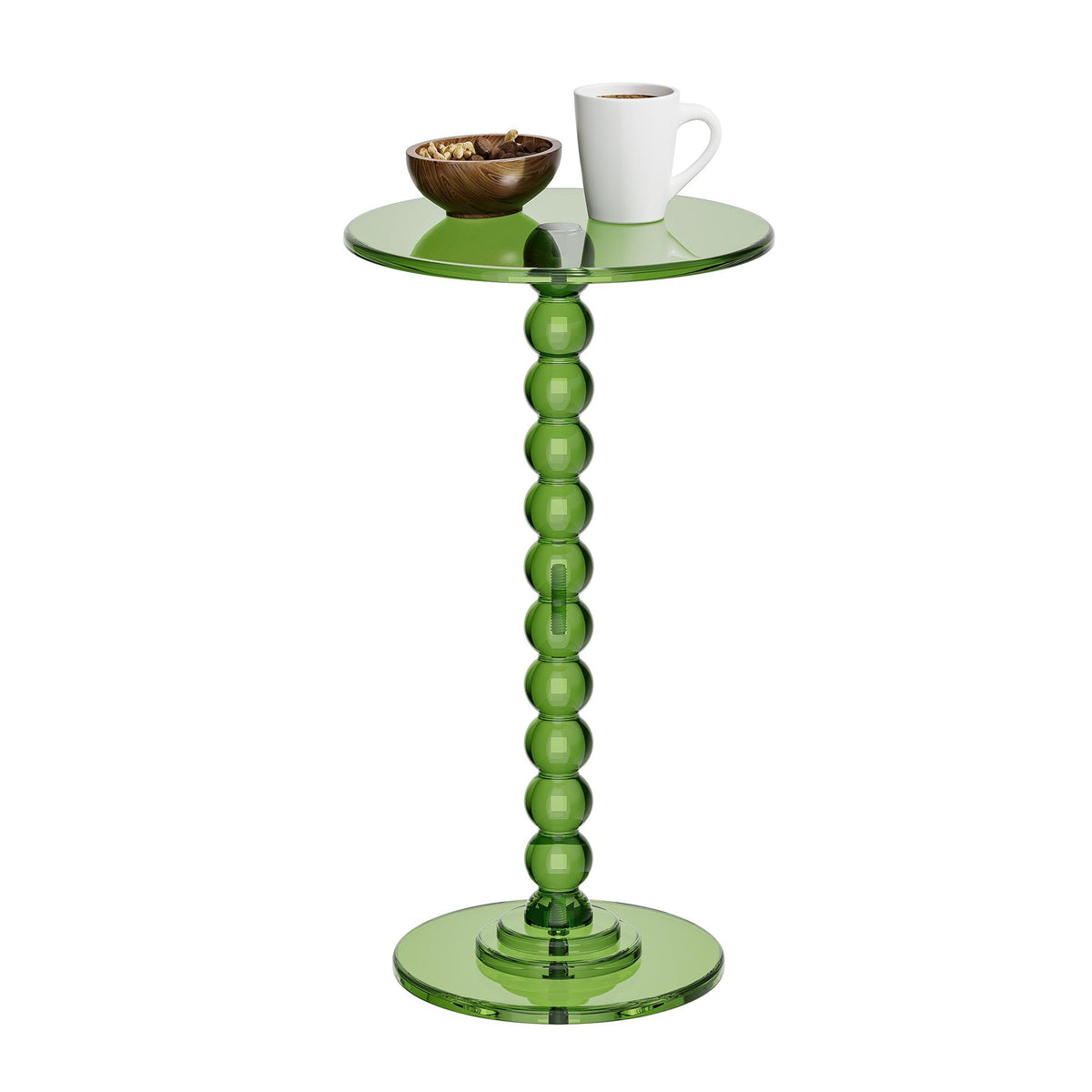 Green acrylic round pedestal side table with a stacked sphere column