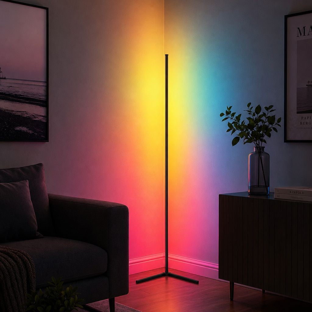RGB corner floor lamp lit in a living room corner beside a sofa