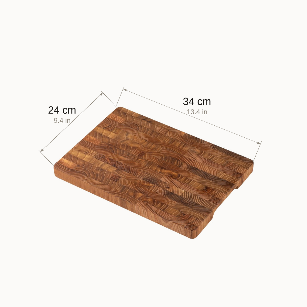 Small teak cutting board dimensions, 34 by 24 cm (13.4 by 9.4 in)