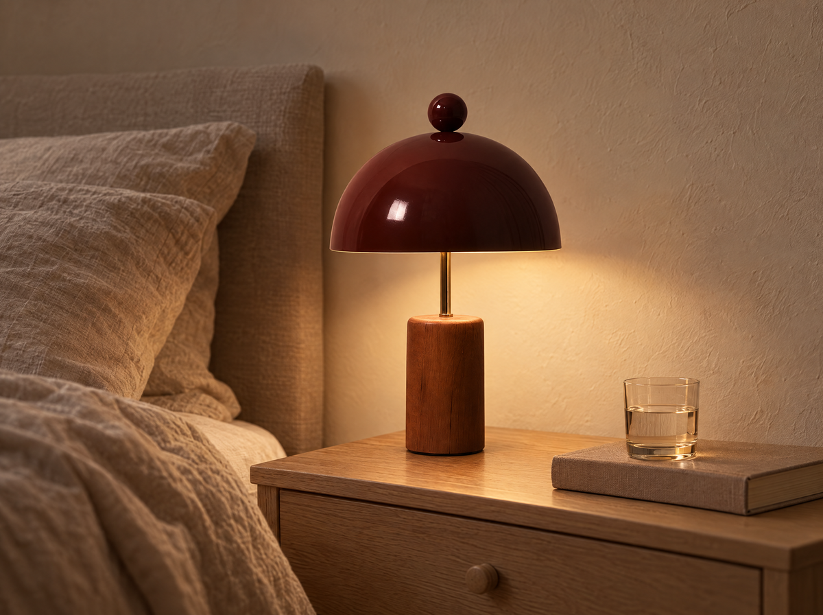 Wood base table lamp glowing on a bedside table