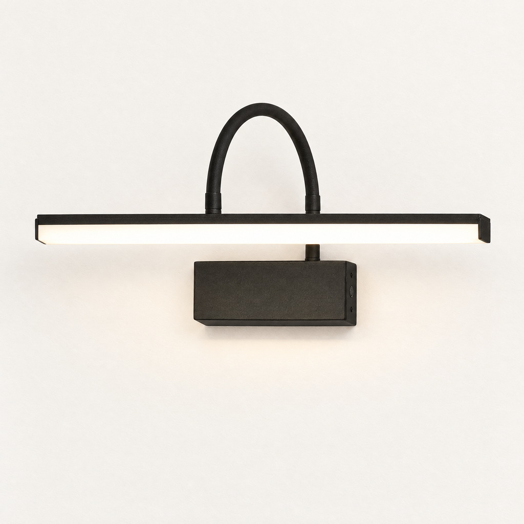 Dimmable LED vanity light in sandblasted black on a plain warm off-white wall