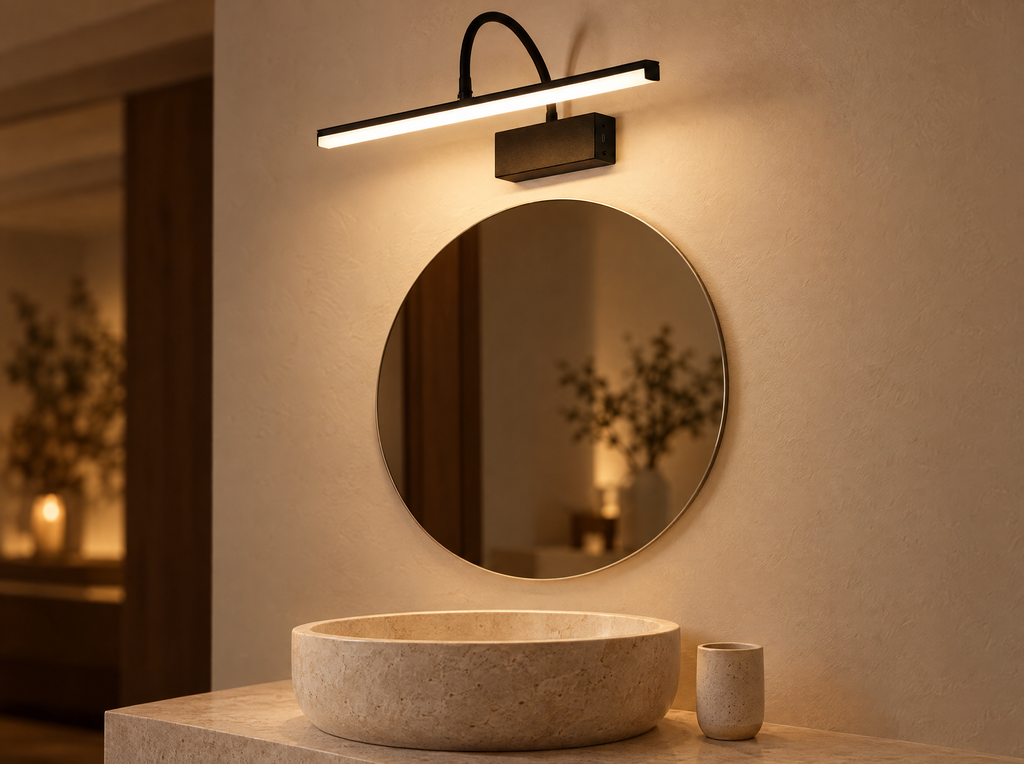 Dimmable LED vanity light mounted above a round bathroom mirror