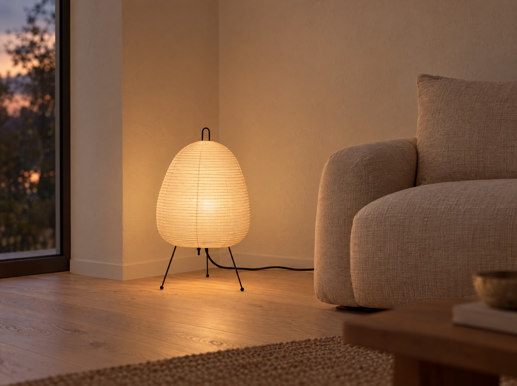 Rice paper lamp glowing in the corner of a quiet living room