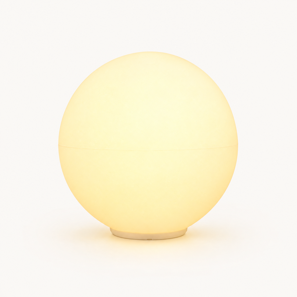 Outdoor LED globe light on a plain warm off-white background