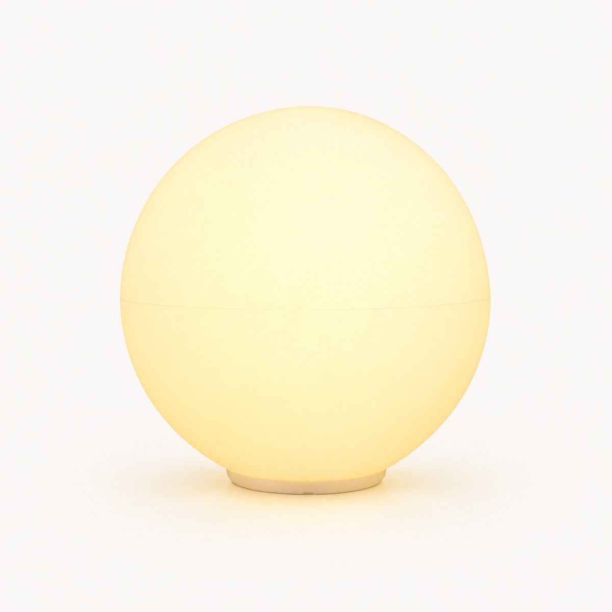 Outdoor LED globe light on a plain warm off-white background