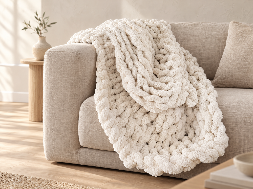 Creamy white chunky knit throw draped over the arm of a linen sofa