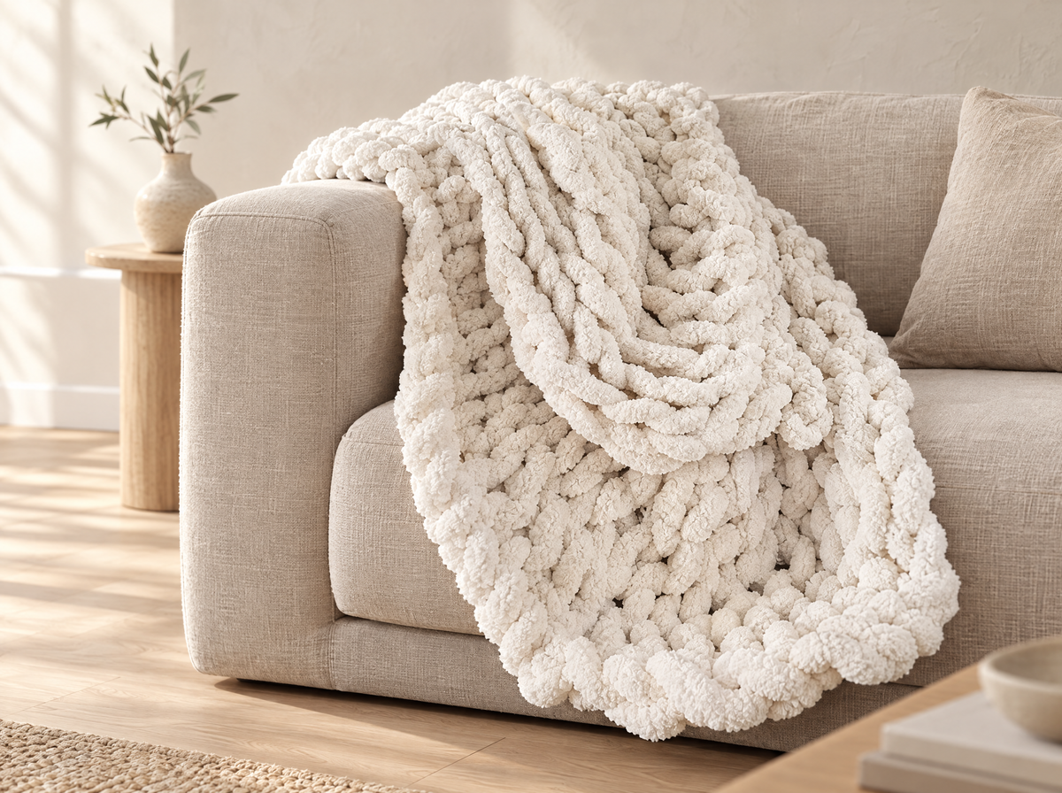 Creamy white chunky knit throw draped over the arm of a linen sofa