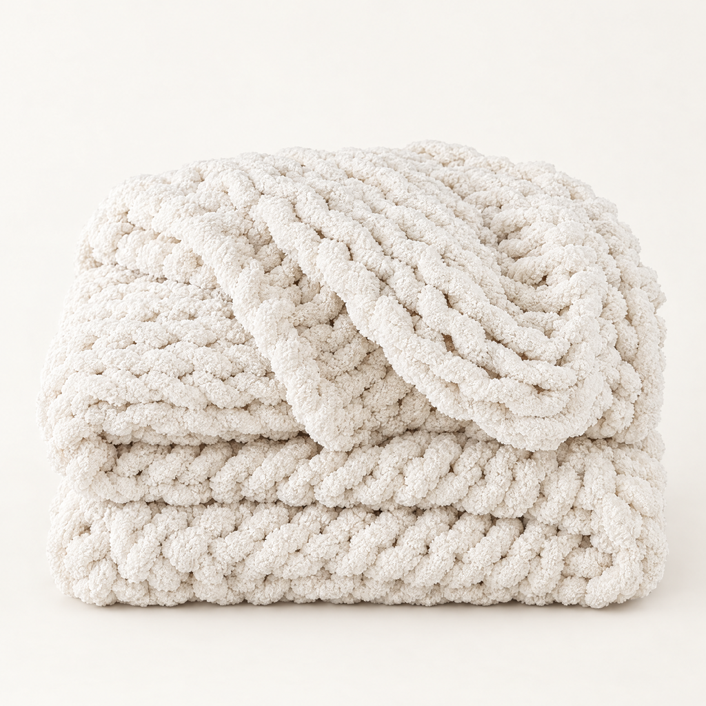 Creamy white chunky knit throw folded on a warm off-white background
