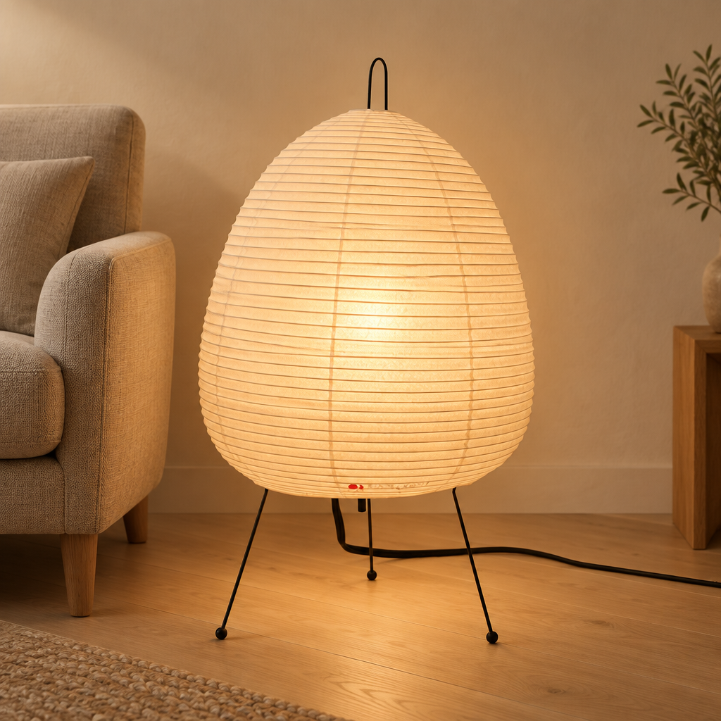 Rice paper lamp glowing beside a linen armchair