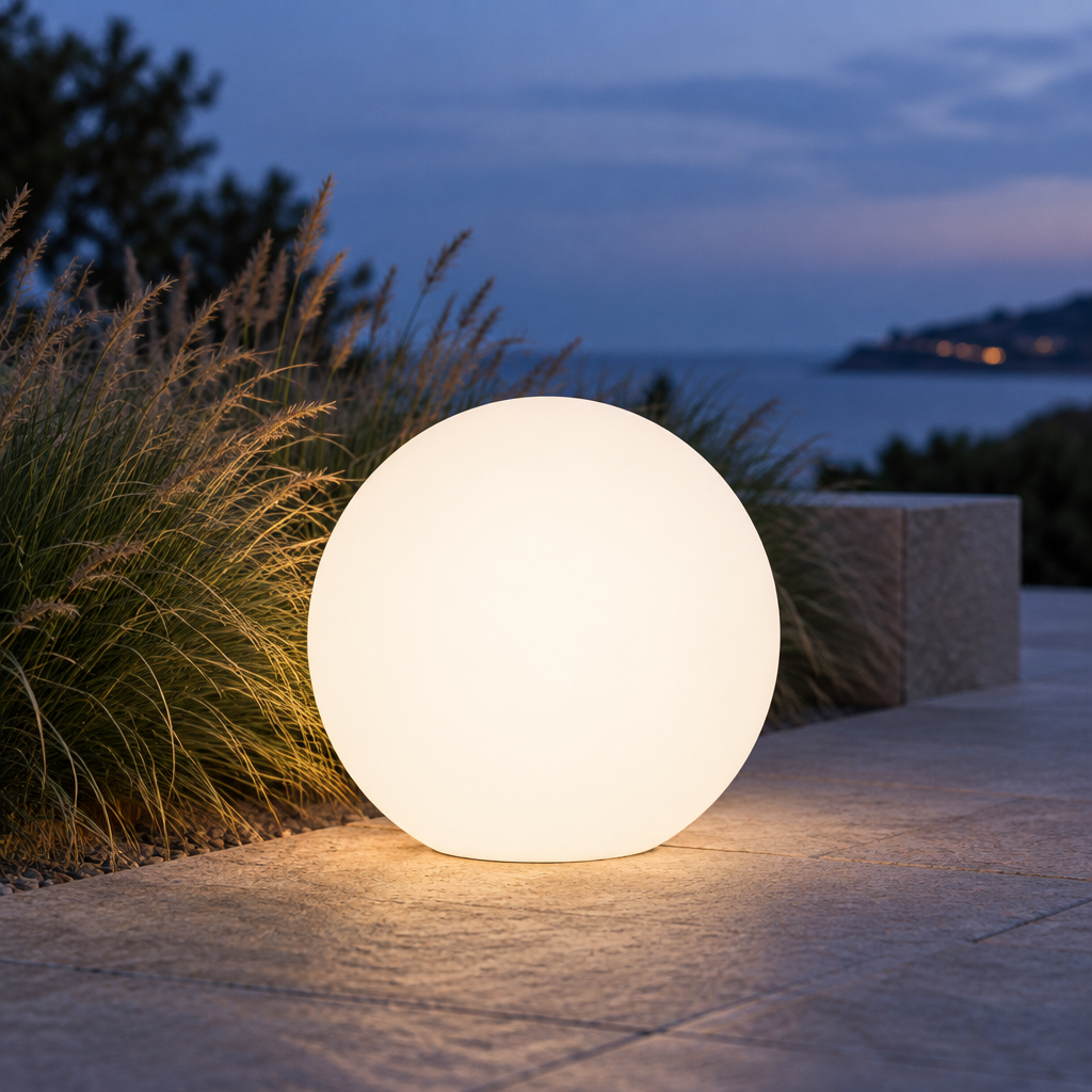 Glowing white globe light on a stone terrace at dusk