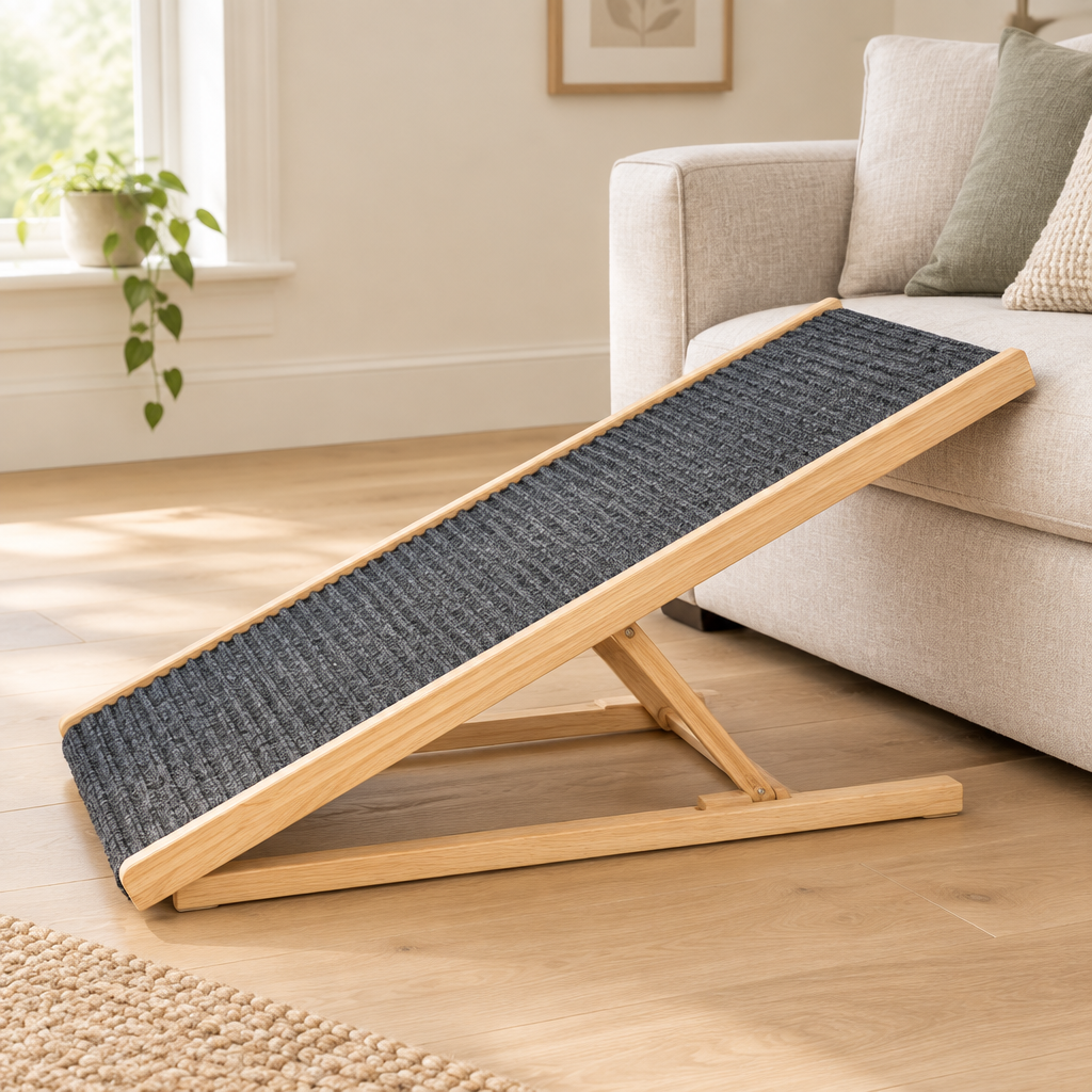 Solid wood pet ramp leaning against a linen sofa