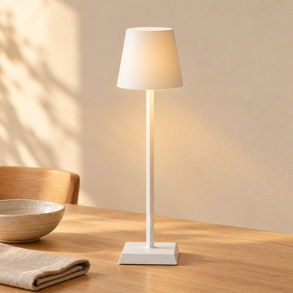 White cordless aluminum table lamp lit on an oak dining table