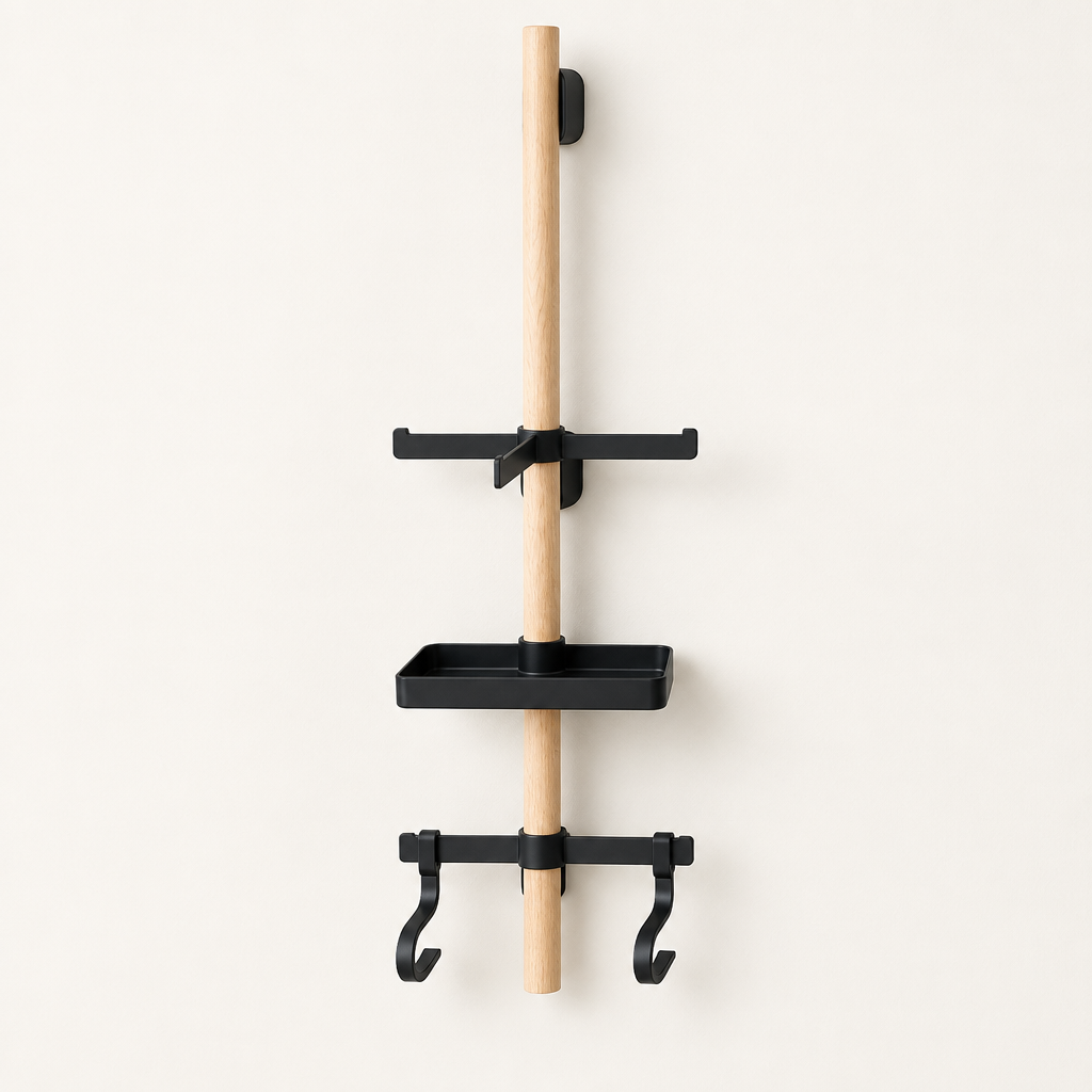 The wall rail with its tray, cross bar and hooks, shown straight on