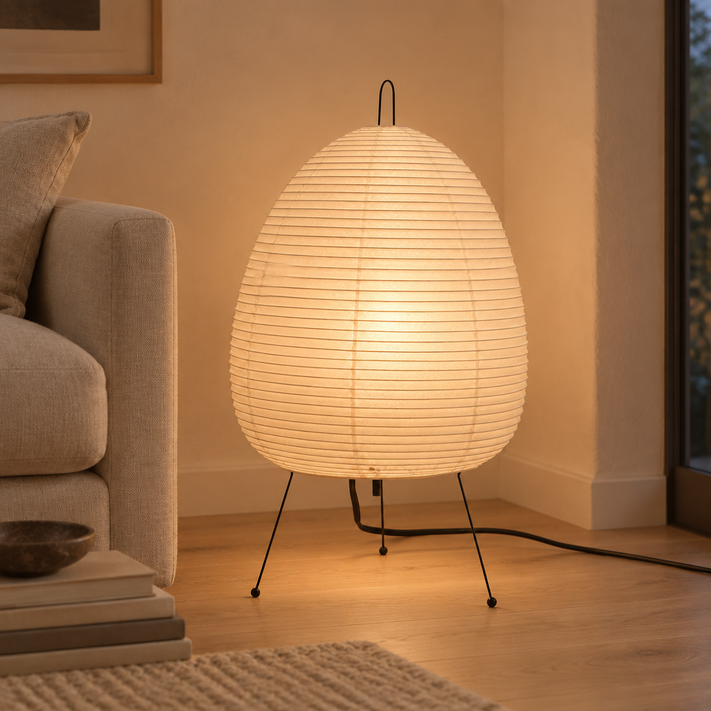 Rice paper lamp glowing in the corner of a living room beside a linen sofa