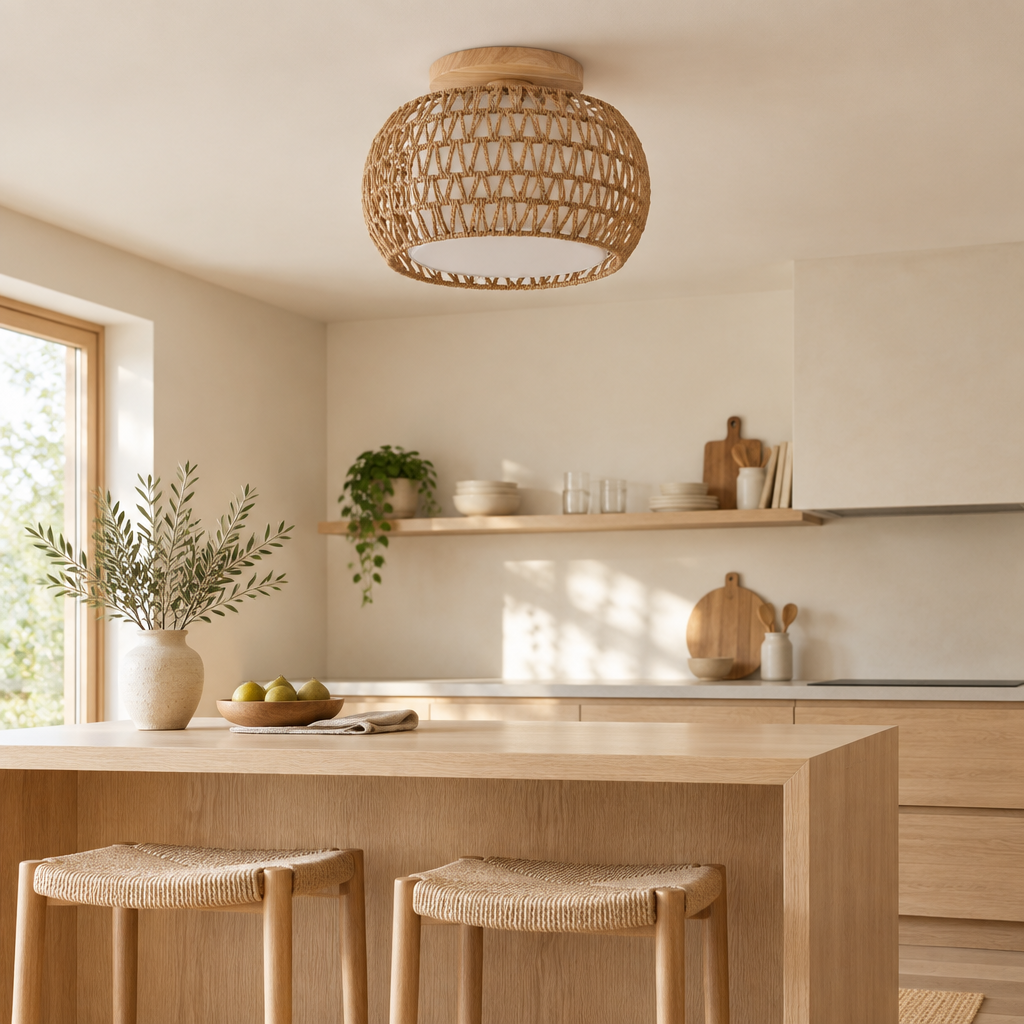 Rattan drum ceiling light above a pale oak kitchen island