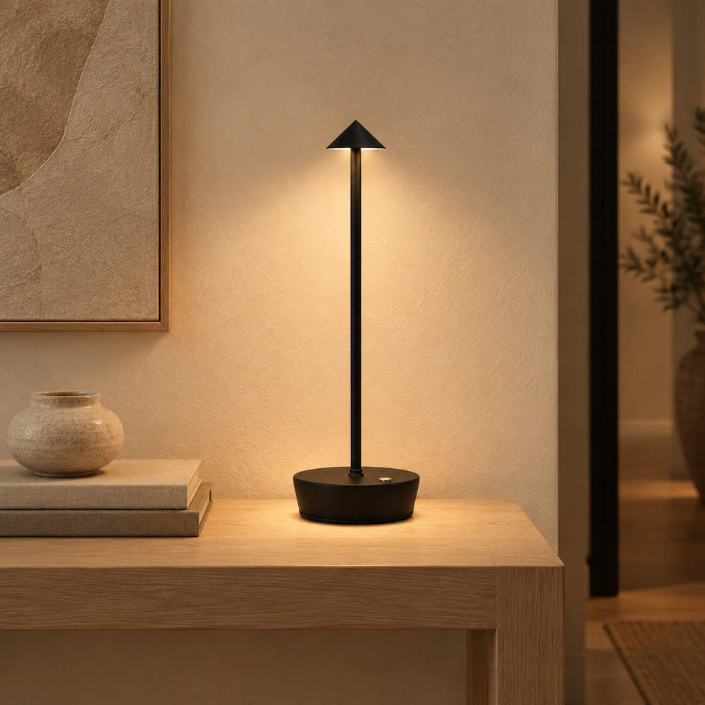 Black cordless table lamp lit on a pale oak console in an entryway