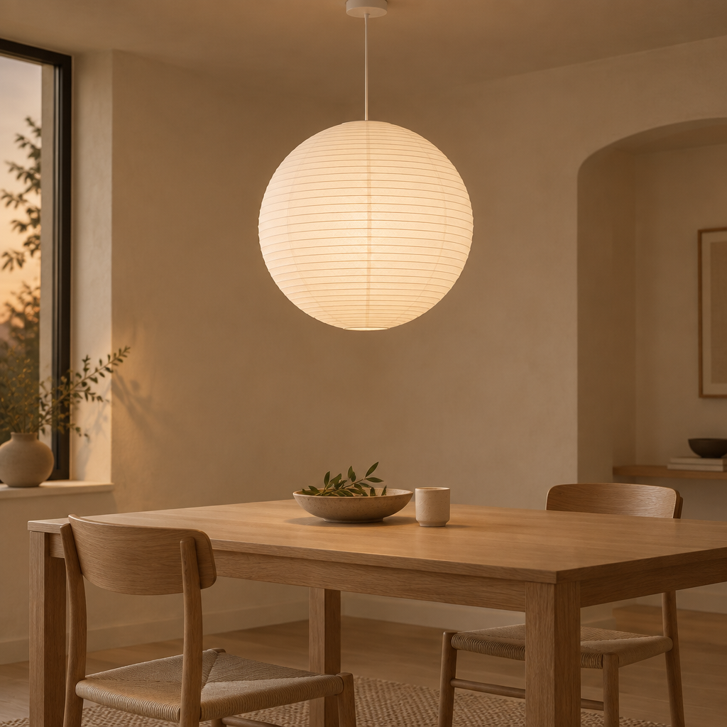 Paper globe pendant glowing above a pale oak dining table