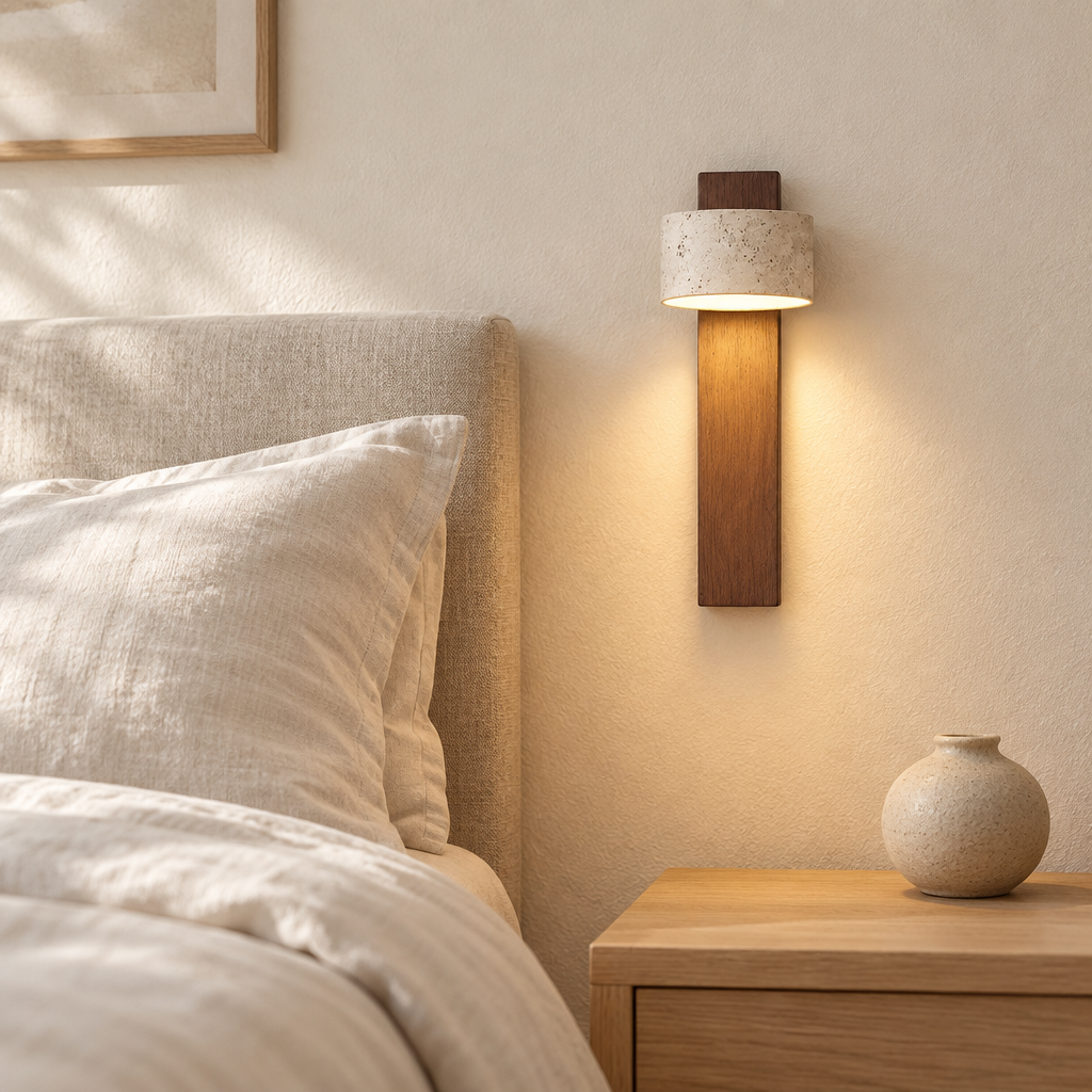 Walnut wall sconce mounted beside a bed, casting warm light down a plaster wall