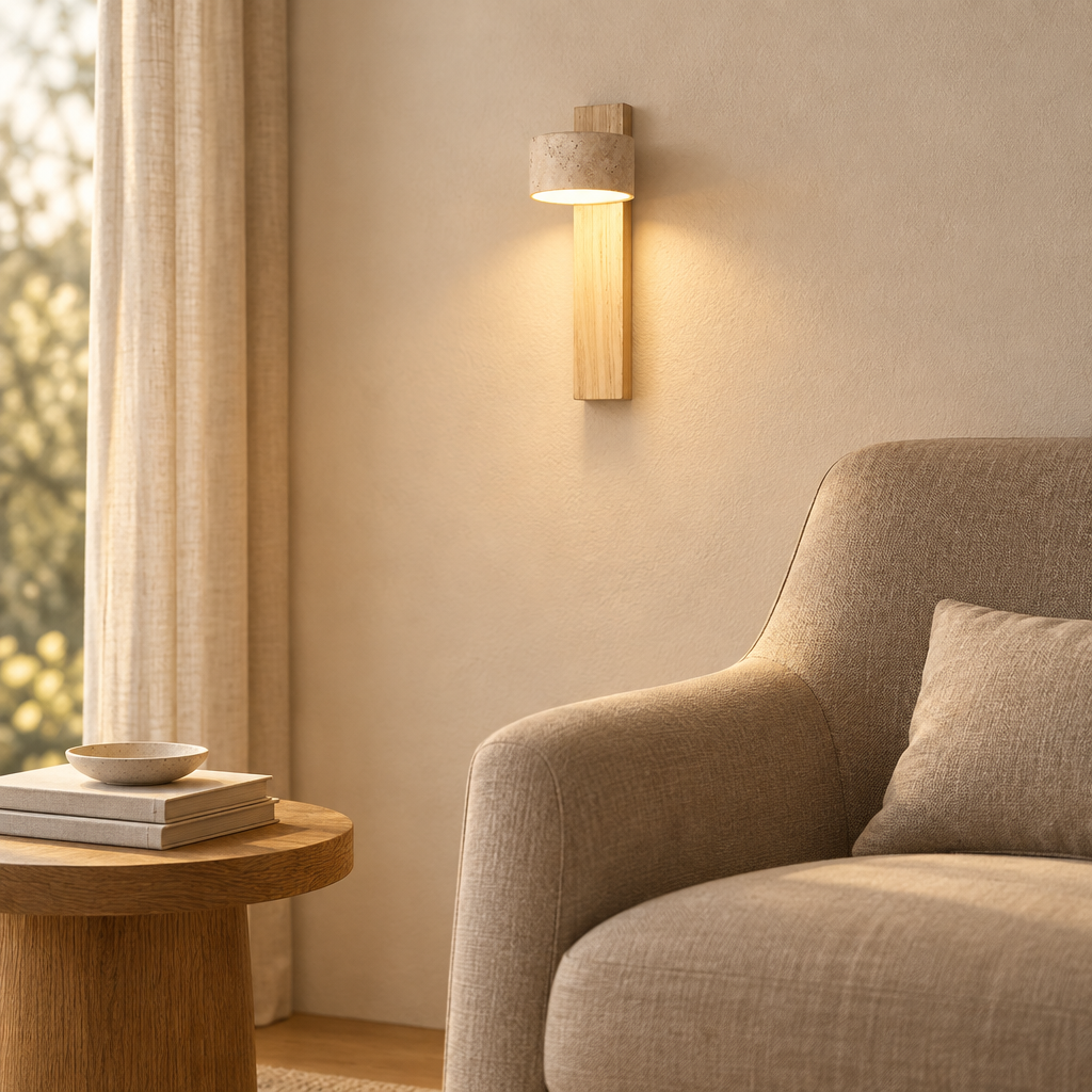 Natural wood wall sconce above a linen armchair in a living-room reading corner