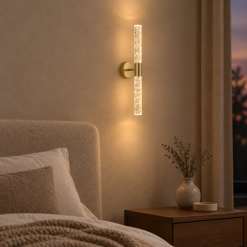 Single natural copper wall sconce lit above a linen headboard in a calm bedroom at dusk