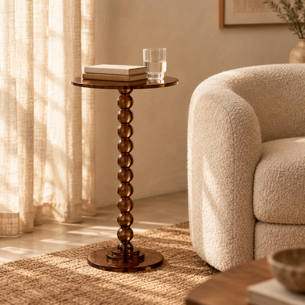 Smoke brown acrylic pedestal side table next to a boucle armchair in a reading corner