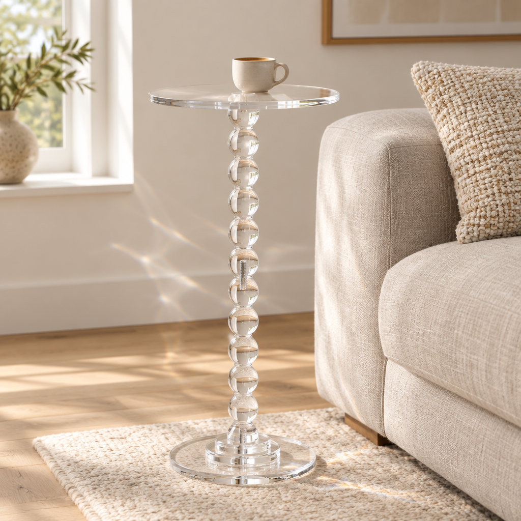 Acrylic Side Table, Round Pedestal Drink Table with Stacked Sphere Column, 22 in Tall