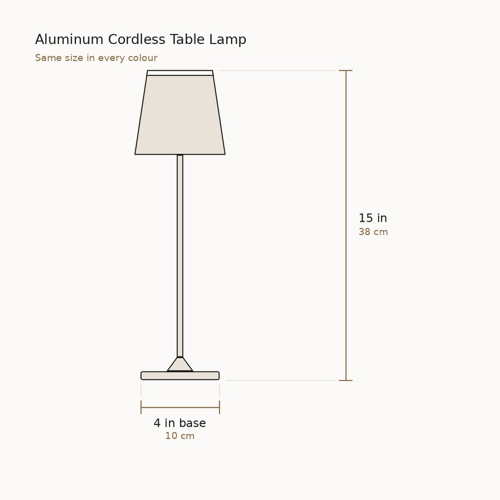 Dimensions diagram — 15 in (38 cm) tall with a 4 in (10 cm) square base