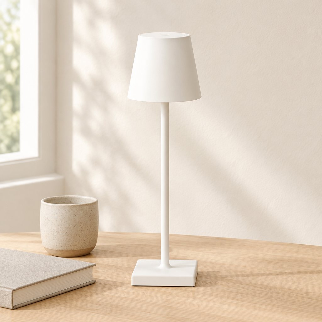 White aluminum cordless table lamp in neutral daylight showing its true finish colour