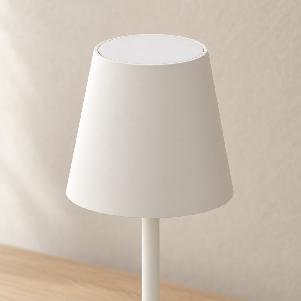 Close view of the white finish and the white diffuser disc on top of the shade