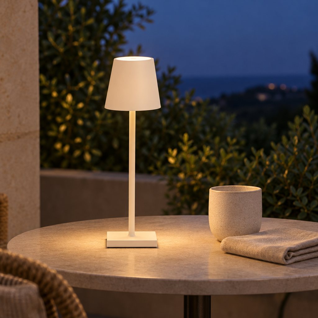 White aluminum cordless table lamp lit on an outdoor bistro table at dusk