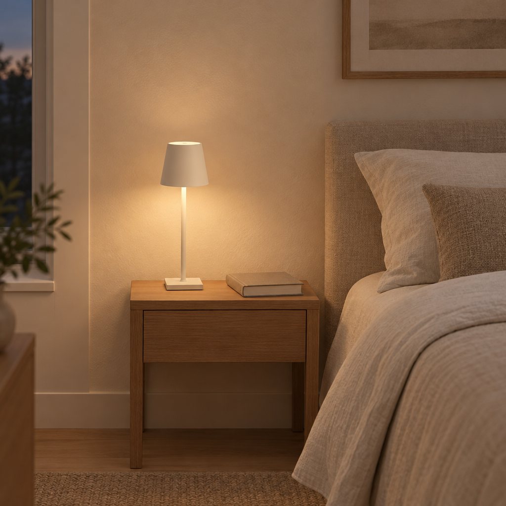 White aluminum cordless table lamp lit on a bedside table beside a book