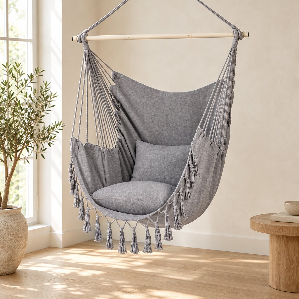 Light Gray canvas hanging chair hanging in a sunlit living room corner