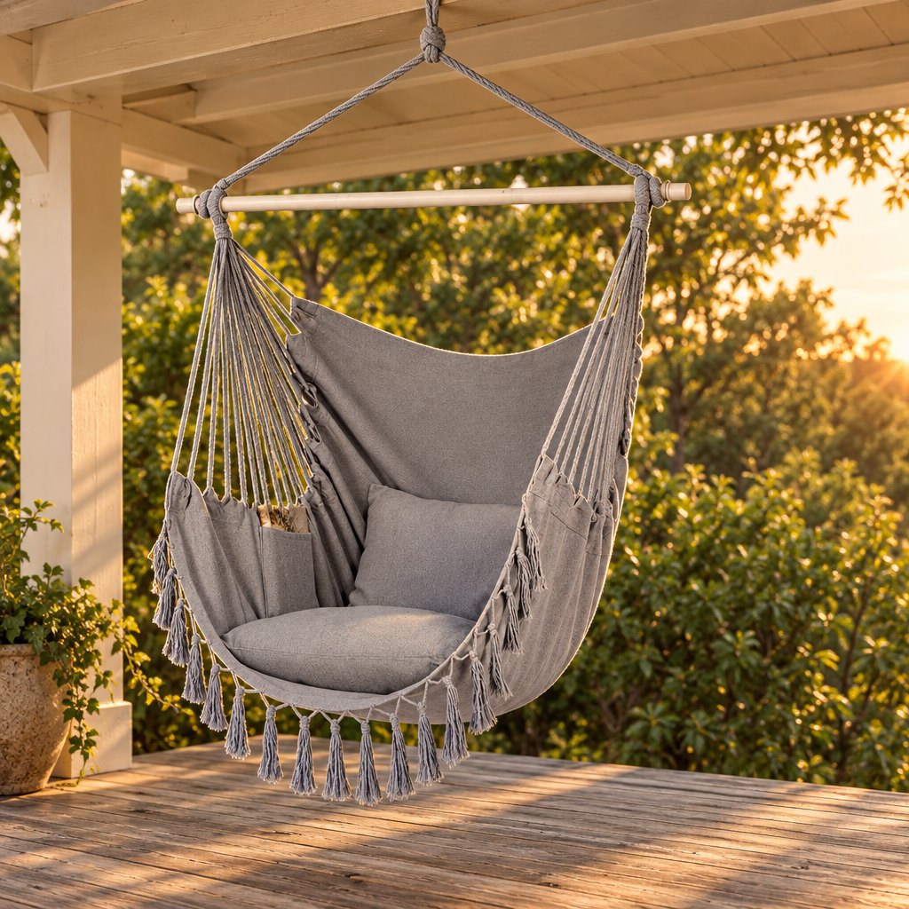 Light Gray canvas hanging chair hanging under a covered porch at golden hour