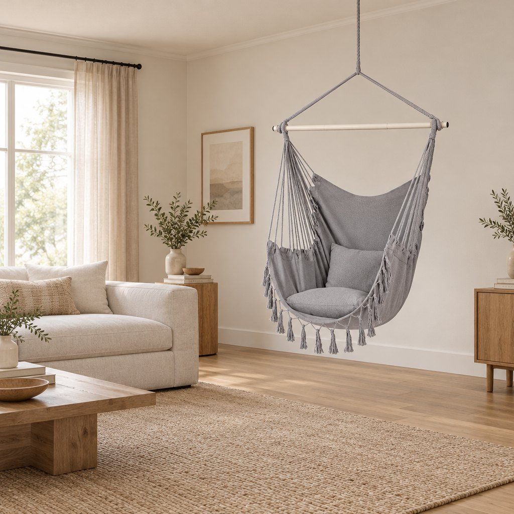 Light Gray canvas hanging chair seen across a living room next to a sofa for scale