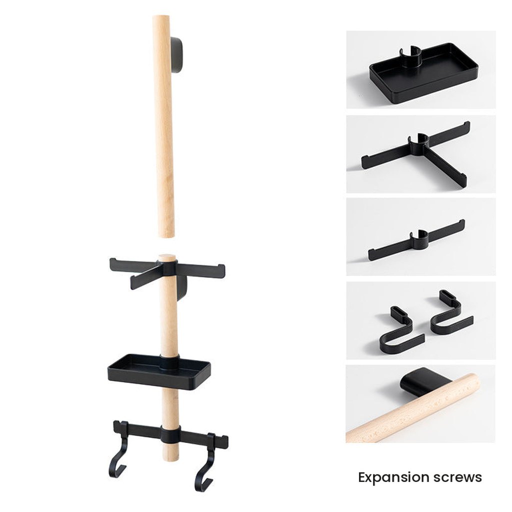 The rack pole with its tray hooks and crossbars shown with the expansion-screw fixing