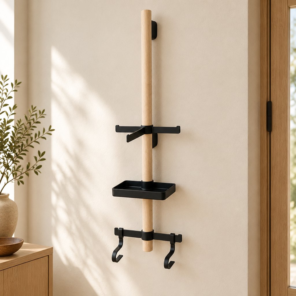 Bicycle accessory wall rack mounted on a wall holding a helmet and shoes